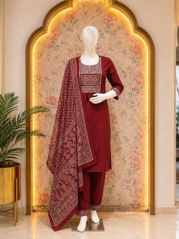 Maroon Heritage Embroidered Suit Set