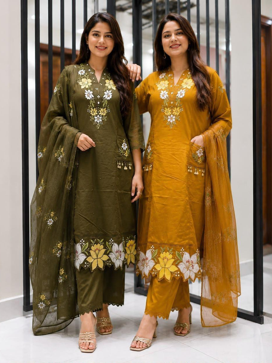 Olive Blossom Embroidered Suit Set