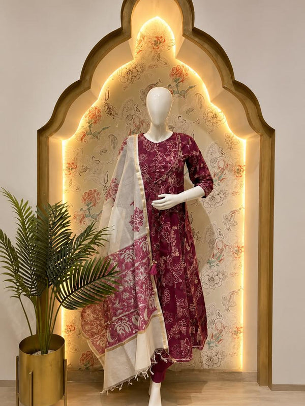 Wine Blossom Printed Suit Set