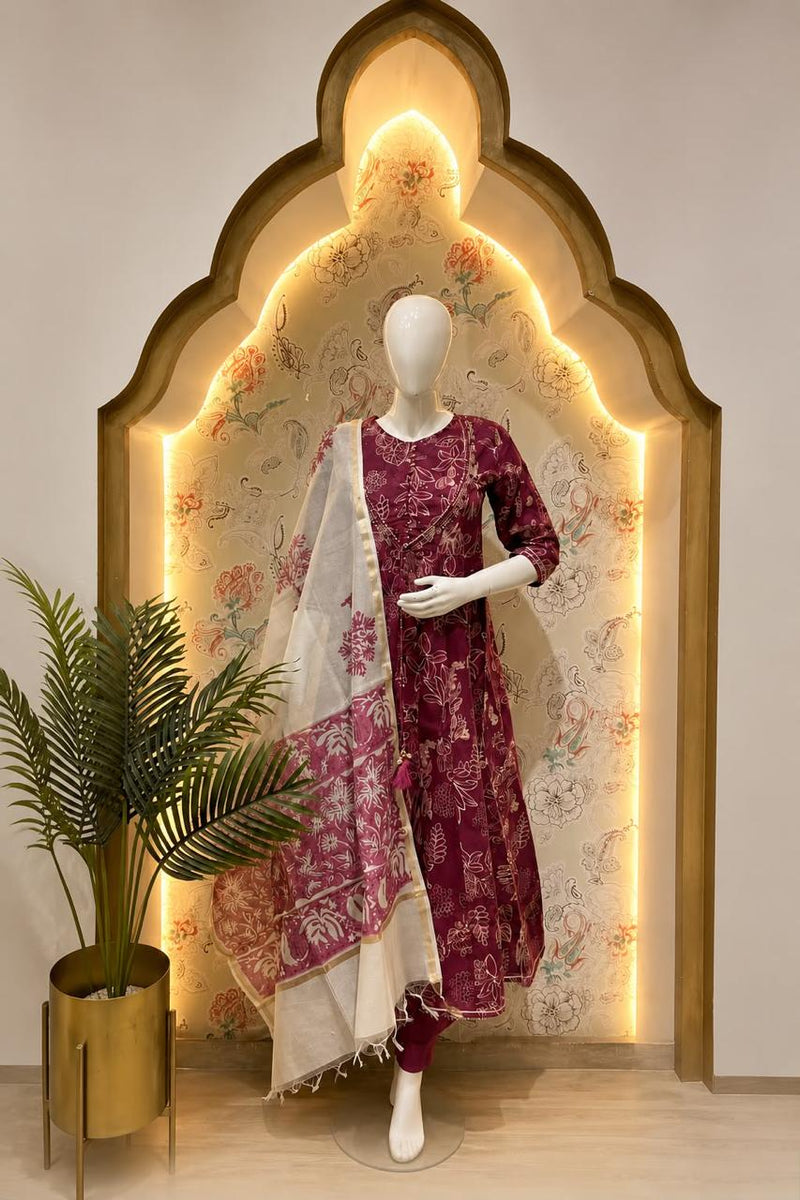 Wine Blossom Printed Suit Set